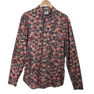 J Crew Shirt Mens Large Orange Floral Secret Wash Slim Fit Button Up Stretch